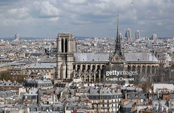 Notre-Dame of Paris cathedral is seen from the Pantheon Dome on April 4, 2016 in Paris, France. After 3 years of renovation the upper parts of the...