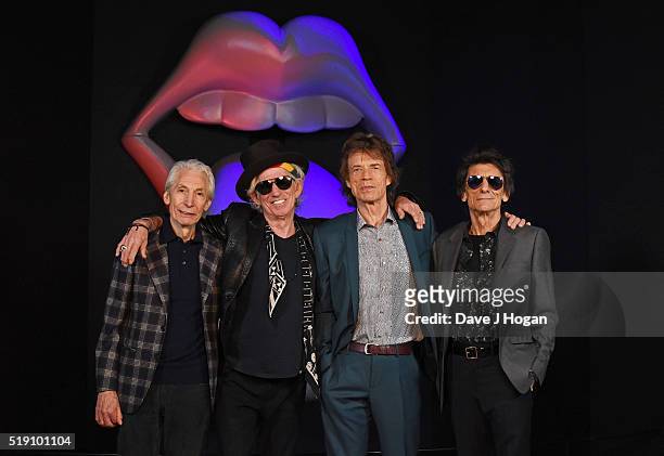 Charlie Watts, Keith Richards, Mick Jagger and Ronnie Wood of The Rolling Stones pose for a photo during a preview of 'The Rolling Stones:...
