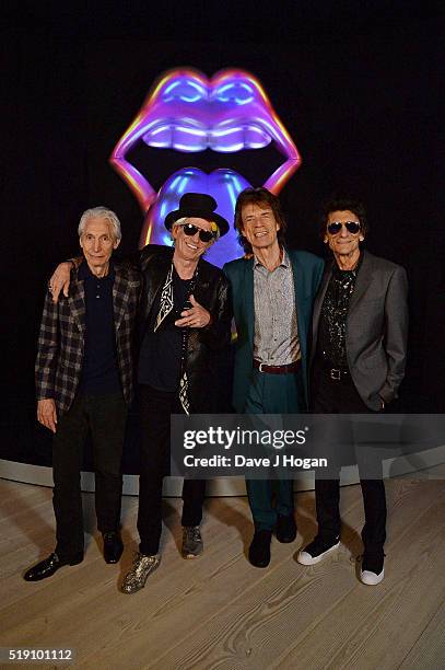 Charlie Watts, Keith Richards, Mick Jagger and Ronnie Wood of The Rolling Stones pose for a photo during a preview of 'The Rolling Stones:...