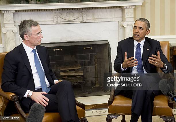 President Barack Obama and NATO Secretary General Jens Stoltenberg speak following a meeting in the Oval Office of the White House in Washington, DC,...