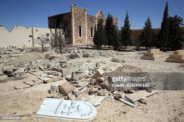 Picture shows destroyed Christian graves at the devastated monastery of Syriac Catholic Saint Elian, who lived in the fifth century AD, in the town...