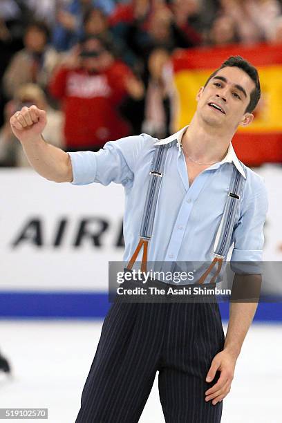 Javier Fernandez of Spain reacts after competing in the Men's Singles Free Skating during day five of the ISU World Figure Skating Championships 2016...