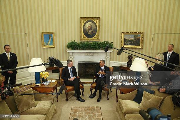 President Barack Obama meets with NATO Secretary General Jens Stoltenberg in the Oval Office at the White House on April 4, 2016 in Washington, DC....