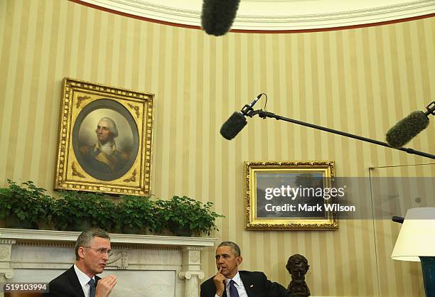 President Barack Obama meets with NATO Secretary General Jens Stoltenberg in the Oval Office at the White House on April 4, 2016 in Washington, DC....