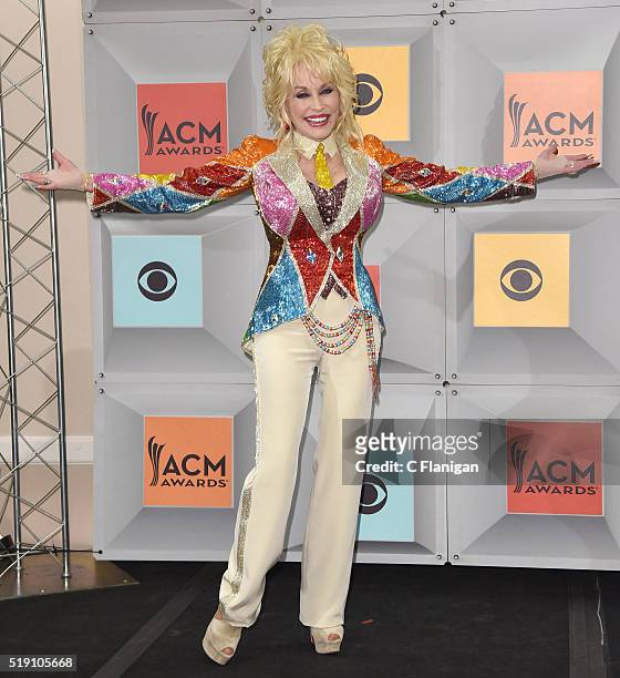 Dolly Parton poses backstage in the press room during the 51st Academy of Country Music Awards held at MGM Grand Garden Arena on April 3, 2016 in Las...