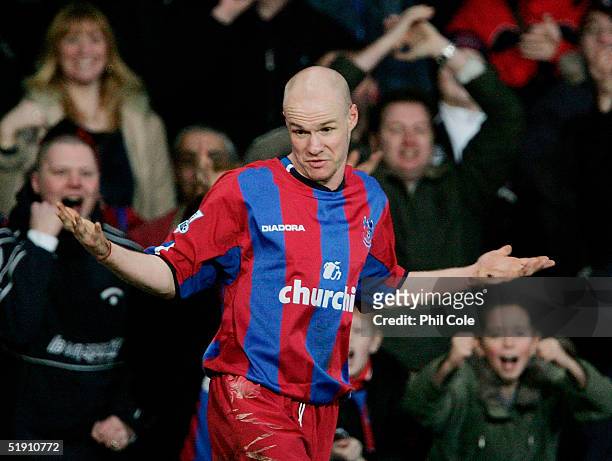 Andy Johnson of Palace celebrates after scoring his second goal from the penalty spot during the Barclays Premiership match between Crystal Palace...