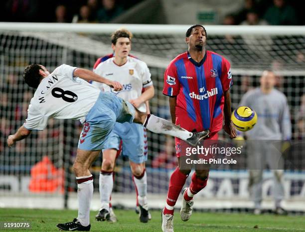 Gavin McCann of Aston Villa makes a nasty challenge on Mikele Leigertwood of Palace during the Barclays Premiership match between Crystal Palace and...