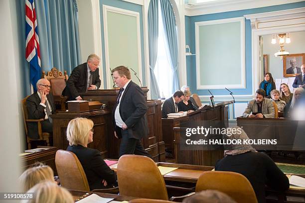 Icelands Prime Minister Sigmundur David Gunnlaugsson leaves after addressing a session of parliament in Reykjavik, Iceland on April 4, 2016....