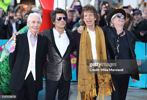 Charlie Watts, Ronnie Wood, Mick Jagger and Keith Richards arrive for the private view of 'The Rolling Stones: Exhibitionism' Saatchi Gallery on...