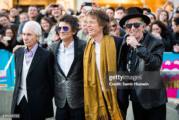 Charlie Watts, Ronnie Wood, Mick Jagger and Keith Richards of the Rolling Stones arrive for the private view of 'The Rolling Stones: Exhibitionism'...