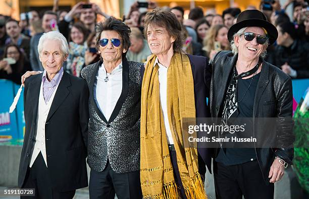 Charlie Watts, Ronnie Wood, Mick Jagger and Keith Richards of the Rolling Stones arrive for the private view of 'The Rolling Stones: Exhibitionism'...