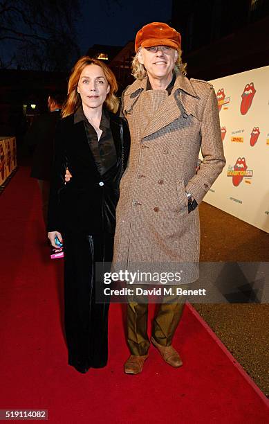 Jeanne Marine and Sir Bob Geldof attend a private view of 'The Rolling Stones: Exhibitionism' at The Saatchi Gallery on April 4, 2016 in London,...