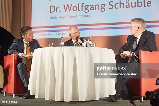 Dutch Minister of Finance Jeroen Dijsselbloem, german Federal Minister of Finance Wolfgang Schaeuble and journalist Peter Limbourg talk on stage at...