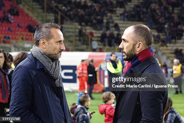 Andrea Setti Presidnet of Hellas Verona FC talks with Marco Di Vaio Team Manager of Bologna FC prior the beginning of the Serie A match between...