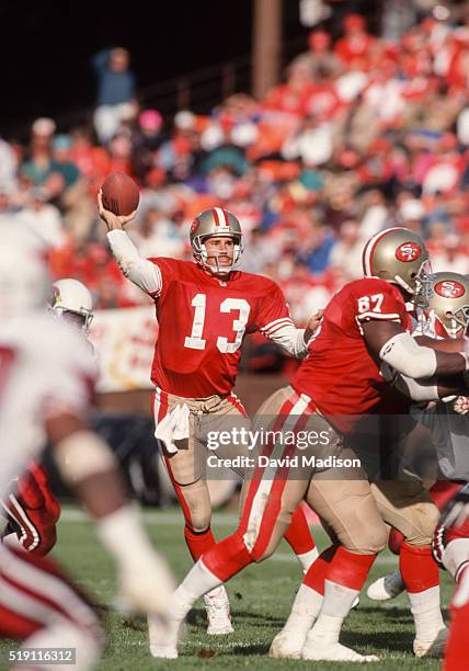 Steve Bono of the San Francisco 49ers attempts a pass during a National Football League game against the Phoenix Cardinals played on November 17,...