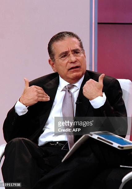 Ramon Fonseca, one of the founders of Panama's Mossack Fonseca law firm, gestures during a TV interview with Telemetro, in Panama City on April 4,...