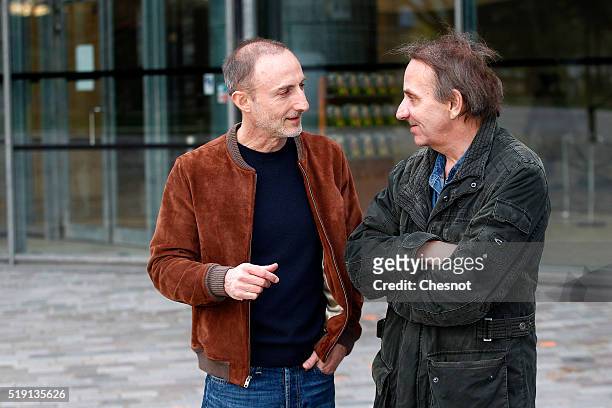 Guillaume Nicloux and Michel Houellebecq attend the "The End" Paris Premiere at Cinematheque Francaise on April 4, 2016 in Paris, France.