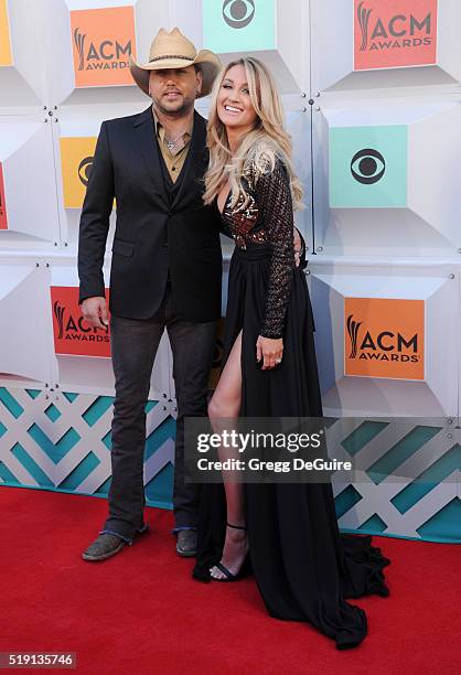 Musician Jason Aldean and Brittany Kerr arrive at the 51st Academy Of Country Music Awards at MGM Grand Garden Arena on April 3, 2016 in Las Vegas,...