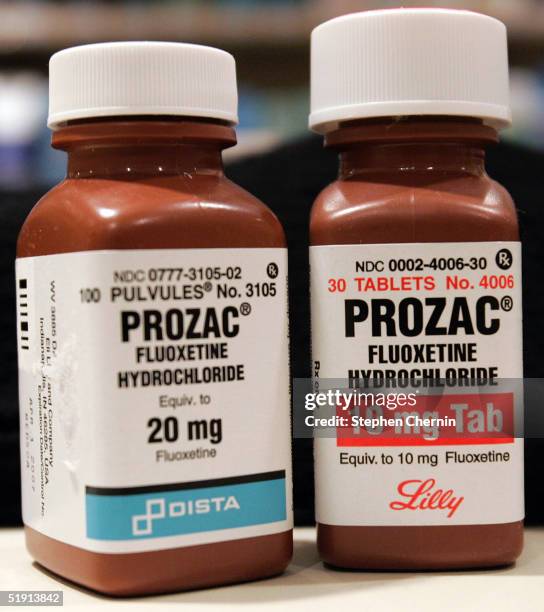 Two bottles of Prozac are seen on a pharmacy shelf January 4, 2005 in New York City. The British Medical Journal sent the U.S.Food and Drug...