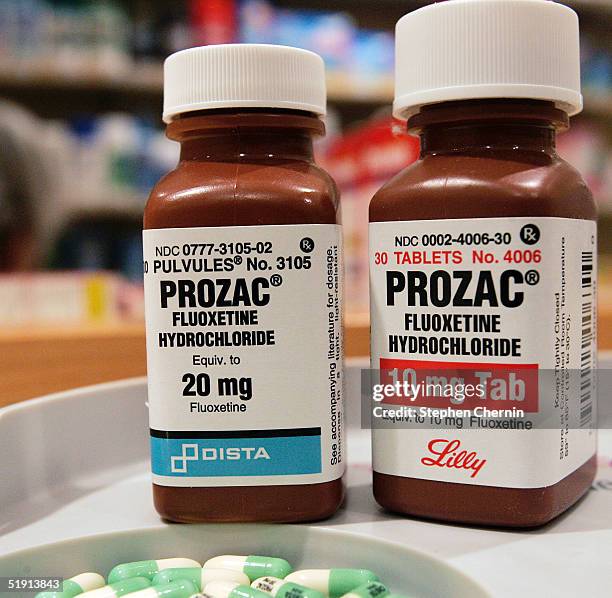 Two bottles of Prozac are seen on a pharmacy shelf January 4, 2005 in New York City. The British Medical Journal sent the U.S.Food and Drug...