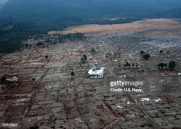 In this handout image provided by the U.S. Navy, a lone mosque remains standing among the damage of a coastal village January 4, 2005 near Banda...