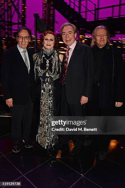 Don Black, Glenn Close, Lord Andrew Lloyd Webber and Christopher Hampton pose backstage at the press night performance of "Sunset Boulevard" at The...