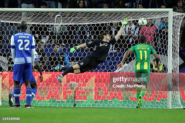 Porto's Spanish goalkeeper Iker Casillas suffer a goal during the Premier League 2015/16 match between FC Porto and CD Tondela, at Dragão Stadium in...