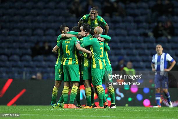 Tondela's Brazilian midfielder Luís Alberto celebrates after scoring a goal with team during the Premier League 2015/16 match between FC Porto and CD...