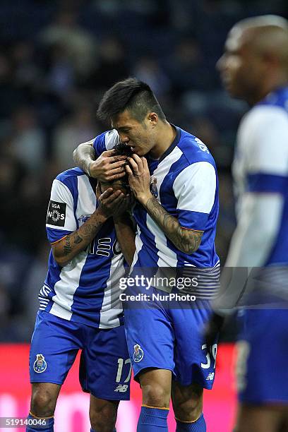 Porto's Mexican forward Jesús Corona reacts after missing a goal with Porto's Korean forward Suk during the Premier League 2015/16 match between FC...