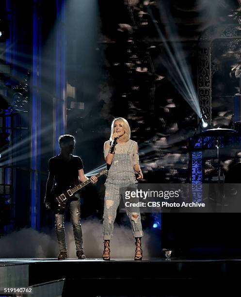 Carrie Underwood rehearses for the 51st ACADEMY OF COUNTRY MUSIC AWARDS, which will be co-hosted by Luke Bryan and Dierks Bentley from the MGM Grand...