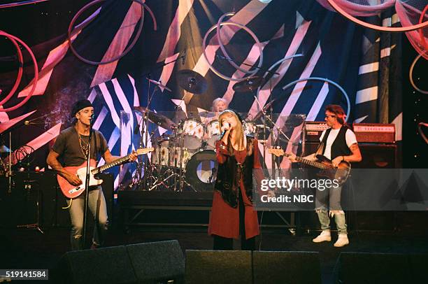 Episode 298 -- Pictured: Musical guest Pat Benatar peforms along with Neil Giraldo, Myron Grombacher and Frank Linx on September 8, 1993 --