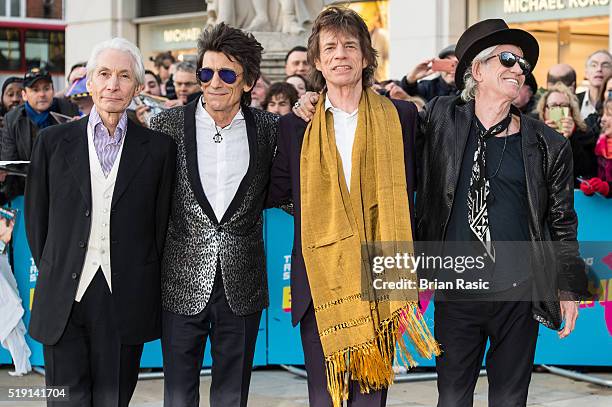 Charlie Watts, Ronnie Wood, Mick Jagger and Keith Richards arrive for the private view of 'The Rolling Stones: Exhibitionism' Saatchi Gallery on...