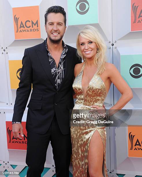 Singer Luke Bryan and wife Caroline Boyer arrive at the 51st Academy Of Country Music Awards at MGM Grand Garden Arena on April 3, 2016 in Las Vegas,...