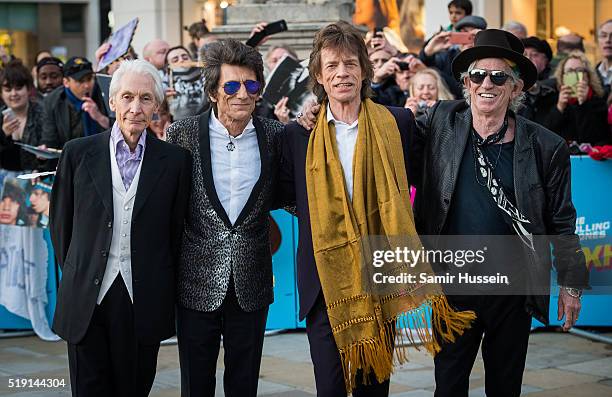 Charlie Watts, Ronnie Wood, Mick Jagger and Keith Richards of the Rolling Stones arrive for the private view of 'The Rolling Stones: Exhibitionism'...