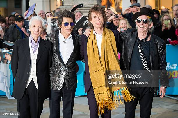 Charlie Watts, Ronnie Wood, Mick Jagger and Keith Richards of the Rolling Stones arrive for the private view of 'The Rolling Stones: Exhibitionism'...