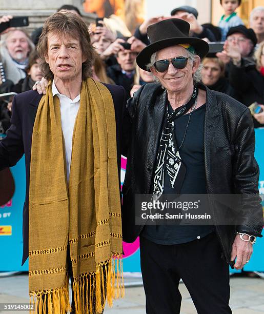 Mick Jagger and Keith Richards of the Rolling Stones arrive for the private view of 'The Rolling Stones: Exhibitionism' Saatchi Gallery on April 4,...
