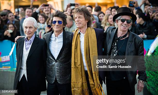 Charlie Watts, Ronnie Wood, Mick Jagger and Keith Richards of the Rolling Stones arrive for the private view of 'The Rolling Stones: Exhibitionism'...