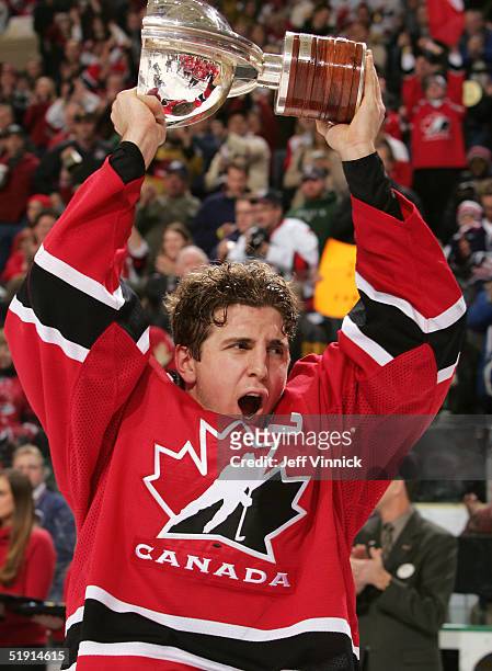 Mike Richards of Canada lifts the trophy after beating Russia, 6-1 in the gold medal game at the World Junior Hockey Championships on January 4, 2005...