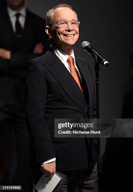 Actor Joel Grey speaks onstage at the Jeffrey Fashion Cares 13th Annual Fashion Fundraiser at the Intrepid Sea-Air-Space Museum on April 4, 2016 in...