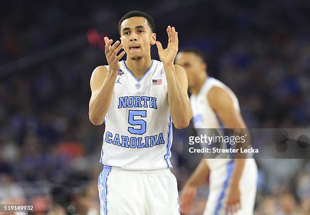 Marcus Paige of the North Carolina Tar Heels reacts in the first half against the Villanova Wildcats during the 2016 NCAA Men's Final Four National...