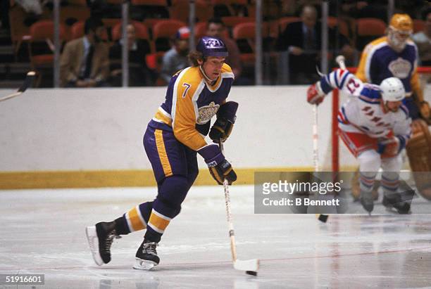 Canadian professional hockey player Mike Murphy forward of the Los Angeles Kings skates with the puck on the ice during an away game against the New...