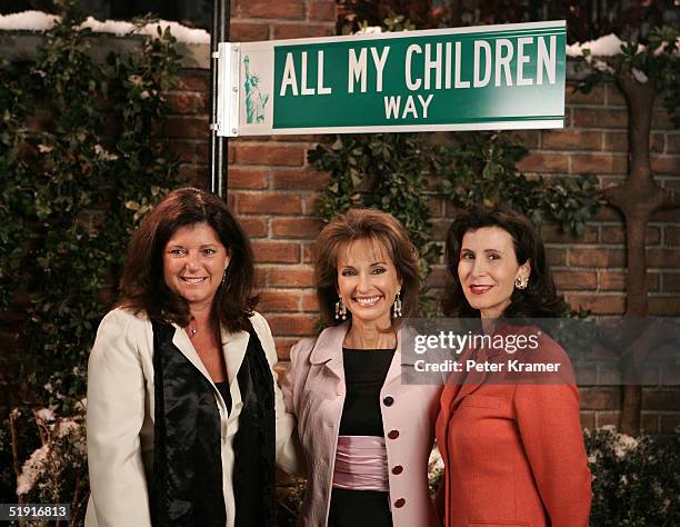 All MY Children Producer, Actress Susan Lucci and NYC Film Commissioner Katherine Oliver attend a street sign presentation of "All My Children Way"...