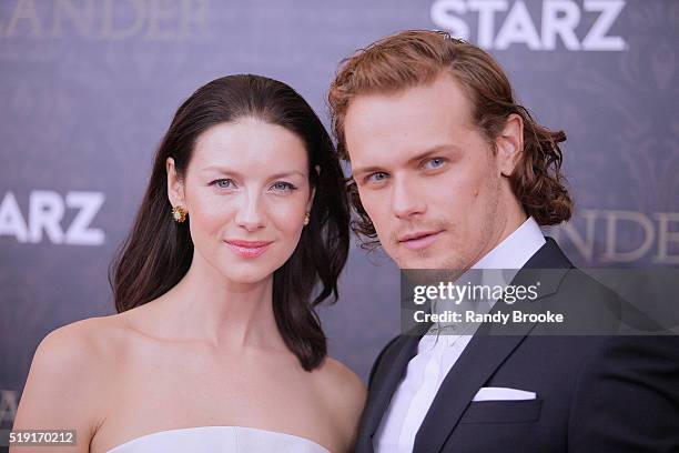 Outlander actors Caitriona Balfe and Sam Heughan attend the Season Two World Premiere at the American Museum of Natural History on April 4, 2016 in...