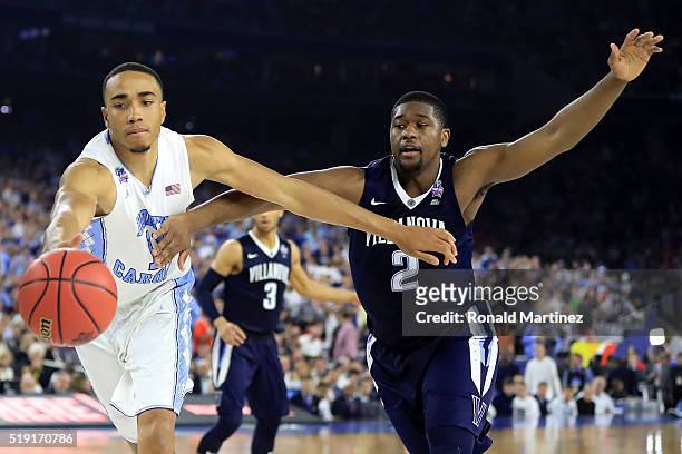 Brice Johnson of the North Carolina Tar Heels and Kris Jenkins of the Villanova Wildcats battle for the ball in the second half of the 2016 NCAA...