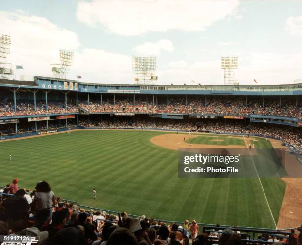 View of a baseball game between the Detroit Tigers and the Cleveland Indians from the upper decks of Tiger Stadium, Detroit, Michigan, early 1990s.