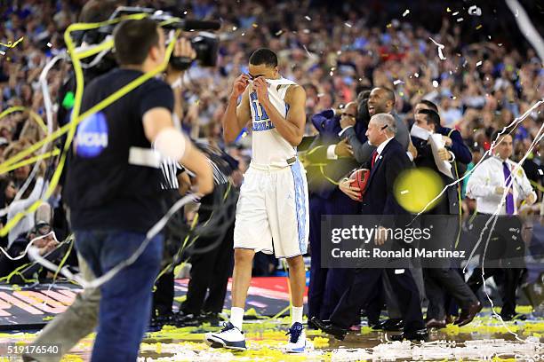 Brice Johnson of the North Carolina Tar Heels reacts after being defeated by the Villanova Wildcats 77-74 in the 2016 NCAA Men's Final Four National...