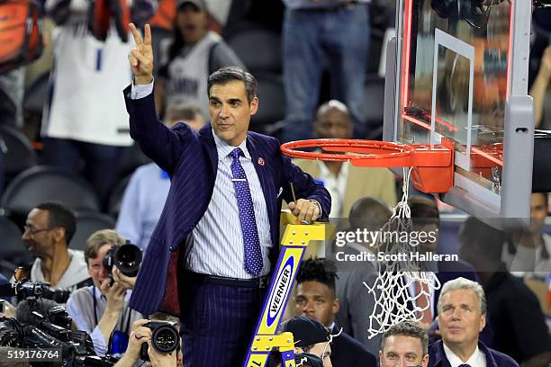 Head coach Jay Wright of the Villanova Wildcats cuts the net after defeating the North Carolina Tar Heels 77-74 to win the 2016 NCAA Men's Final Four...