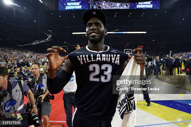 Daniel Ochefu of the Villanova Wildcats celebrates defeating the North Carolina Tar Heels 77-74 to win the 2016 NCAA Men's Final Four National...