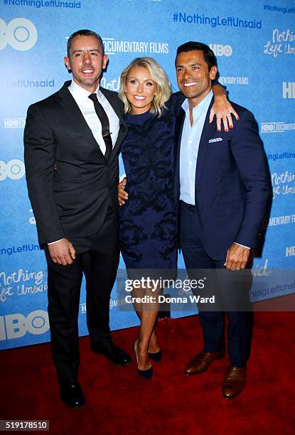 Benjamin Maisani, Kelly Ripa and Mark Consuelos attend the "Nothing Left Unsaid" premiere at Time Warner Center on April 4, 2016 in New York City.