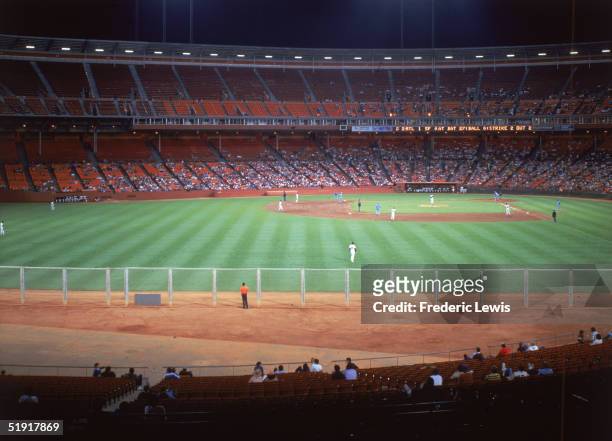 View of a baseball game between the San Francisco Giants and the Atlanta Braves at Candlestick Park, San Francisco, California, late 1980s.